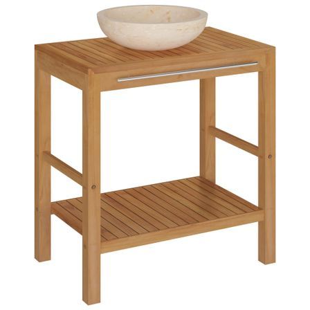 Armoire de toilette en teck solide avec lavabo en marbre Crème 3