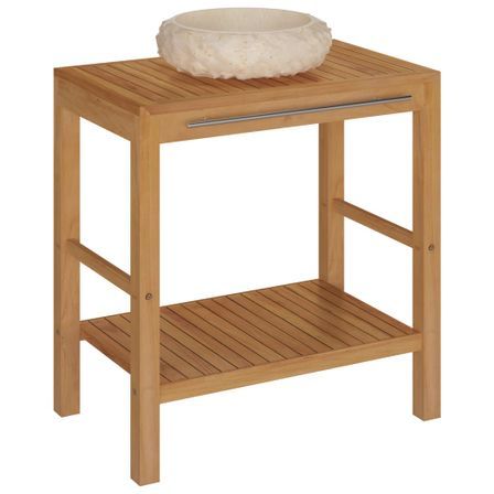 Armoire de toilette en teck solide avec lavabo en marbre Crème 2