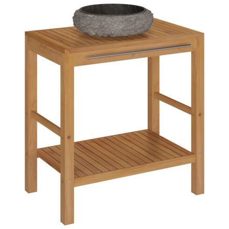 Armoire de toilette en teck solide avec lavabo en marbre Noir 2