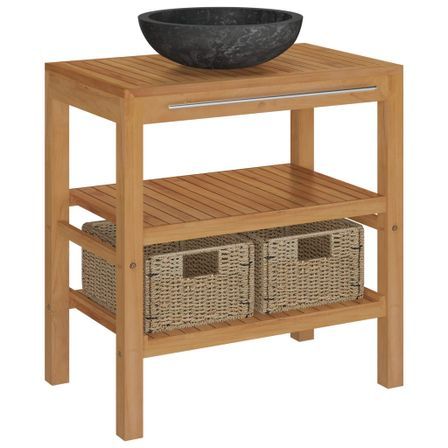 Armoire de toilette Teck solide avec lavabo en marbre Noir 6