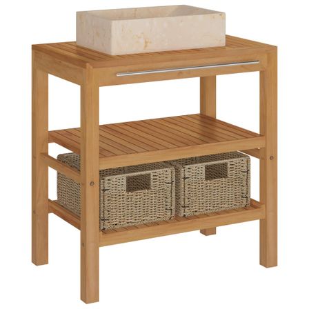 Armoire de toilette Teck solide avec lavabo en marbre Noir 5