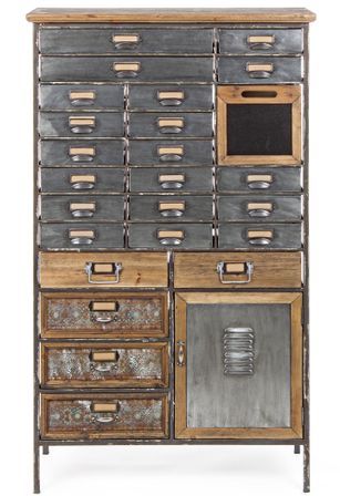 Armoire industriel 25 tiroirs 1 porte acier argent et bois de pin Vitrak 76.5 cm