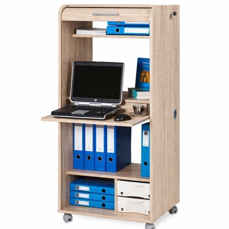Armoire informatique mobile chêne clair ORGA 140 cm – Bureau compact avec rideau, tiroirs et rangements