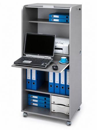Armoire informatique mobile grise ORGA 140 cm – Bureau compact avec rideau, tiroirs et rangements