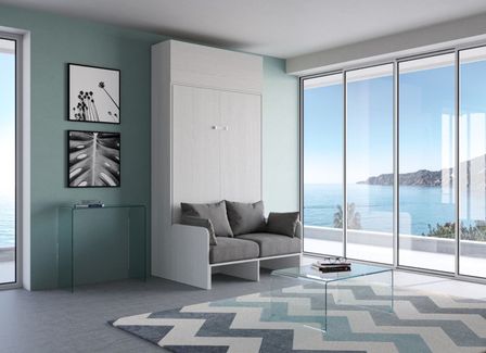 Armoire lit 120x190 cm avec canapé et meuble haut bois blanc Kanto