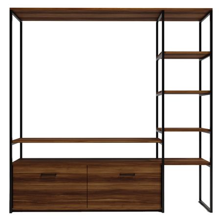 Armoire meuble TV avec étagères bois marron et métal noir Kasper 180 cm