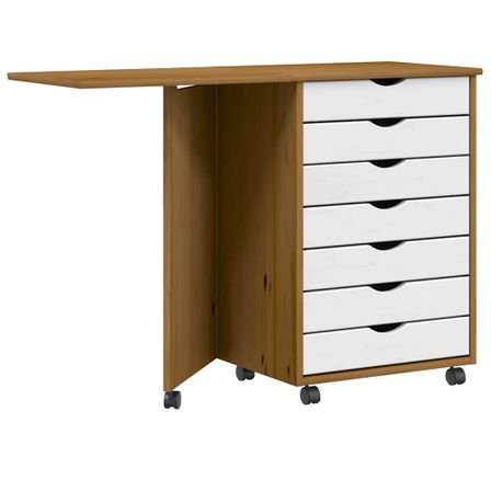 Armoire roulante avec bureau MOSS marron miel bois de pin