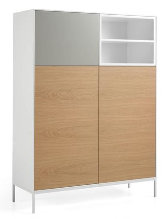 Bahut haut 3 portes 2 niches bois plaqué chêne et métal Sandry