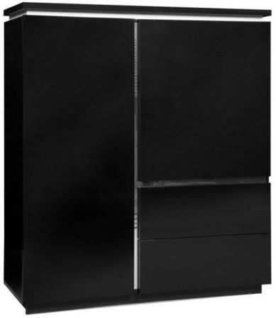 Bahut haut lumineux 2 portes 2 tiroirs bois laqué noir Kiela