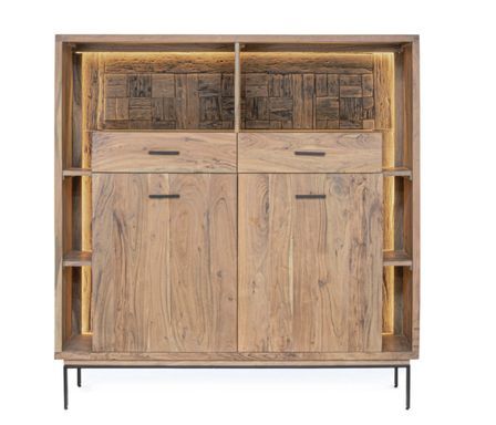 Bahut lumineux 2 portes 2 tiroirs MANGAL 145 cm – Bois massif d'acacia & acier