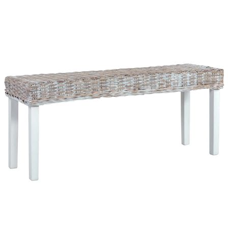 Banc 110 cm Blanc Rotin naturel kubu et bois de manguier massif