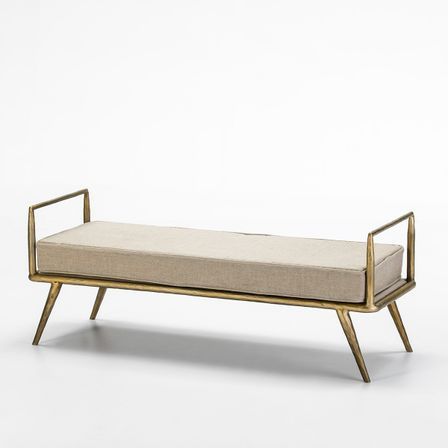 Banc 3 places métal doré et coussin tissu beige