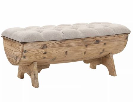 Banc avec rangement en forme de tonneau bois de sapin et tissu crème Vinto