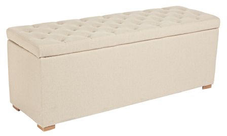 Banc coffre 2 places bois de pin et tissu blanc Arlo L 120 cm