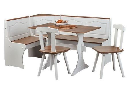 Banc d'angle table et chaises pin massif vernis blanc et marron Campanou