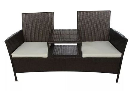 Banc de jardin 2 places résine tressée marron et coussins blanc Kim