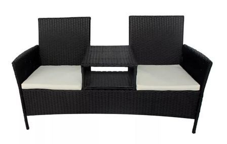 Banc de jardin 2 places résine tressée noir et coussins blanc Kim