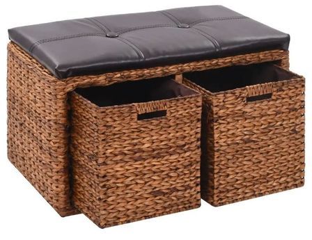 Banc exotique 2 tiroirs jacinthe d'eau marron et assise similicuir noir Kiva