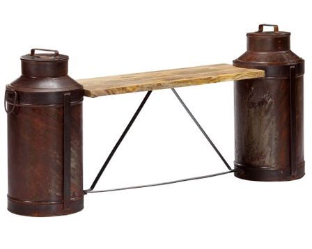 Banc industriel bois de manguier et bouteilles de lait recyclées 150 cm