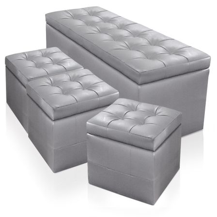 Banquette argent et 3 poufs capitonnés KENJY