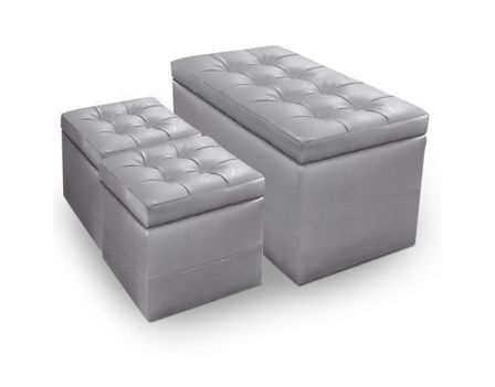 Banquette Argent simili capitonnée et 2 poufs Kenjy