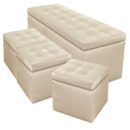 Banquette beige et 3 poufs capitonnés KENJY