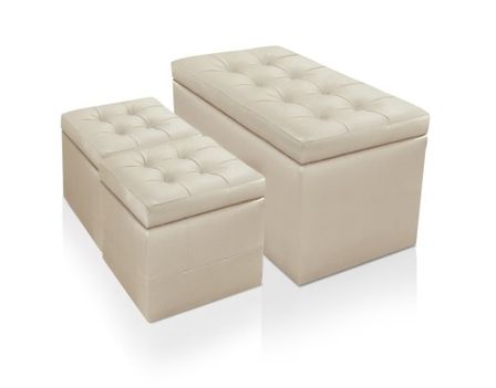 Banquette beige simili capitonnée et 2 poufs Kenjy