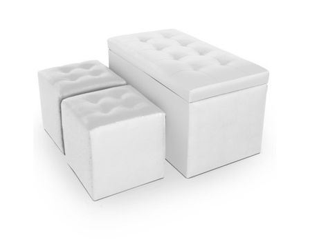 Banquette blanc simili capitonnée et 2 poufs Kenjy