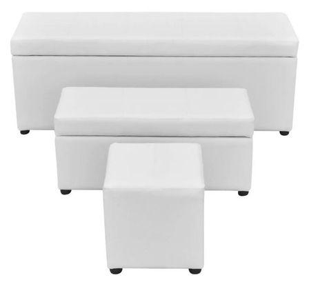 Banquette coffre avec pouf capitonné simili cuir blanc Mandai - lot de 3