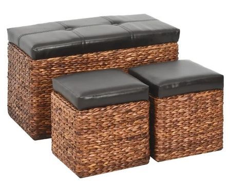 Banquette coffre capitonné jacinthe d'eau marron avec pouf Kiva - Lot de 3