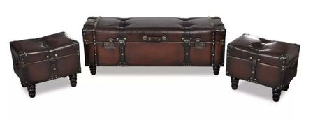 Banquette coffre capitonnée avec poufs similicuir marron Pouly - Lot de 3