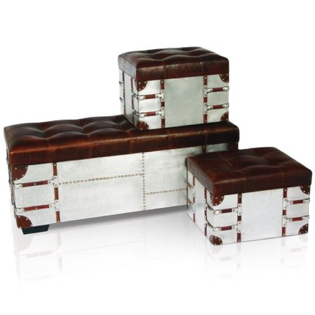 Banquette coffre et poufs métal et simili cuir Retro XL Marron