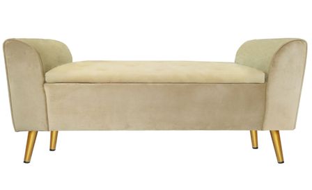 Banquette coffre velours beige et pieds métal doré Micke 114 cm