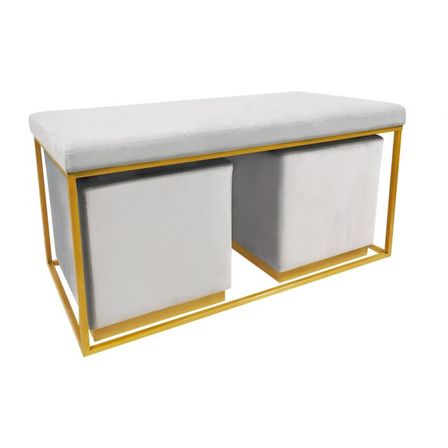 Banquette et poufs velours argent et métal doré Ismael