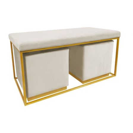 Banquette et poufs velours taupe et métal doré Ismael
