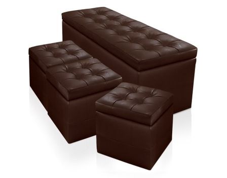 Banquette marron et 3 poufs capitonnés KENJY