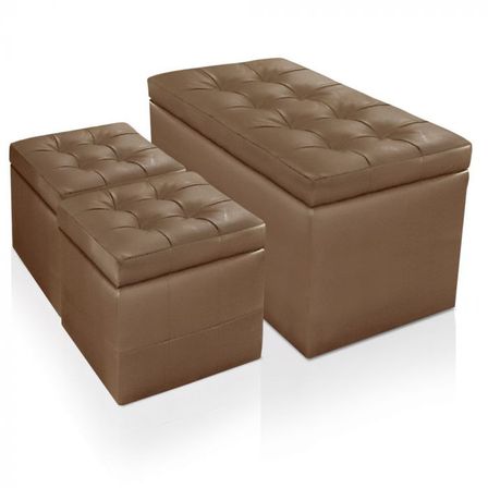 Banquette marron simili capitonnée et 2 poufs Kenjy