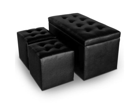 Banquette noir simili capitonnée et 2 poufs Kenjy