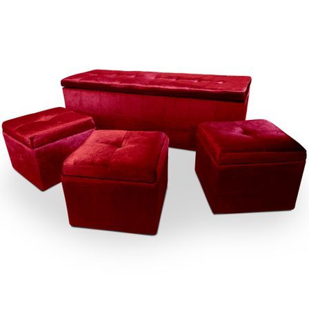 Banquette velours rouge et 3 poufs Kenzo