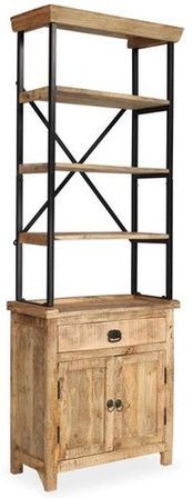 Bibliothèque 2 portes 3 étagères bois recyclé clair et métal Induka