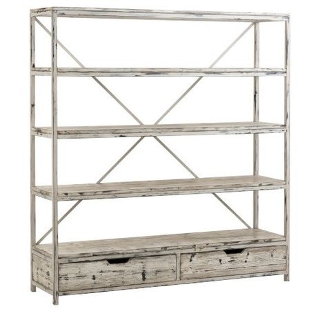 Bibliothèque 2 tiroirs bois massif et métal blanc Liray