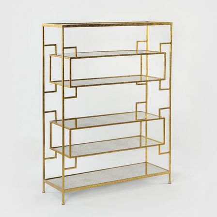 Bibliothèque 5 plateaux miroir vieilli et métal doré Hugos