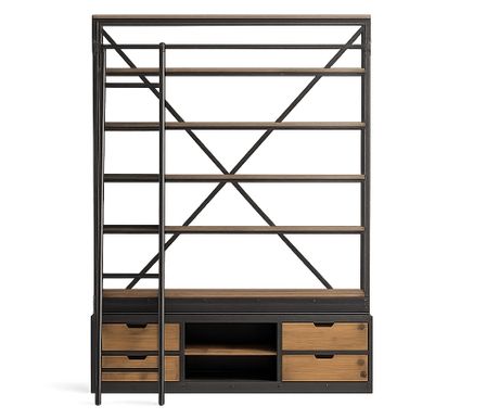 Bibliothèque industrielle avec échelle STONE – Bois de pin massif recyclé et acier noir