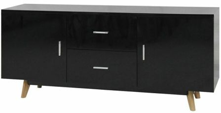 Buffet 2 portes 2 tiroirs noir brillant et pieds hêtre massif Claireauta