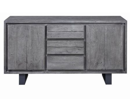 Buffet 2 portes 3 tiroirs bois massif gris et pieds métal noir Melin 150 cm