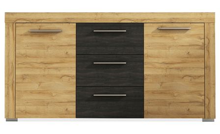Buffet 2 portes 3 tiroirs imitation chêne clair et foncé Amora