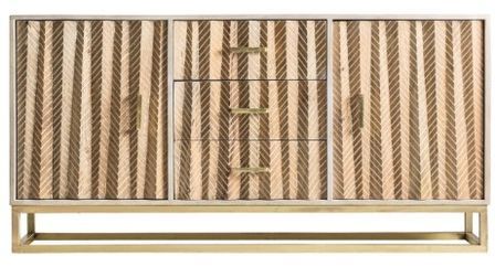 Buffet 2 portes 3 tiroirs manguier massif et métal doré Sacha