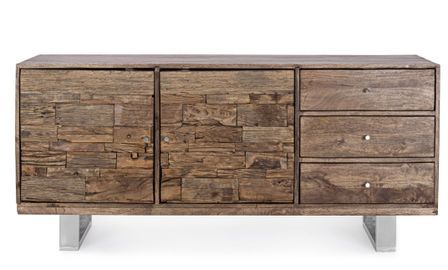 Buffet 2 portes 3 tiroirs SAVY 160 cm - Bois massif & pieds acier chromé