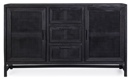 Buffet 2 portes 3 tiroirs WAKY 150 cm - Bois massif et rotin noir