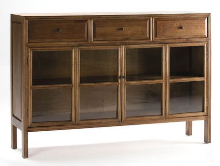 Buffet 2 portes vitrées 3 tiroirs bois massif foncé